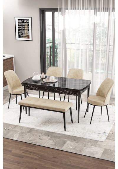 Canisa Concept Zen Serisi 80x132 Mdf Açılabilir Siyah Mermer Desen Masa Takımı 4 Krem Sandalye Ve 1 Bench Masa Siyah Mermer Sandalye Ve Bench Krem Canisa Concept Zen Serisi 80x132 Mdf Açılabilir Siyah Mermer Desen Masa Takımı 4 Krem Sandalye Ve 1 Bench Masa Siyah Mermer Sandalye Ve Bench Krem