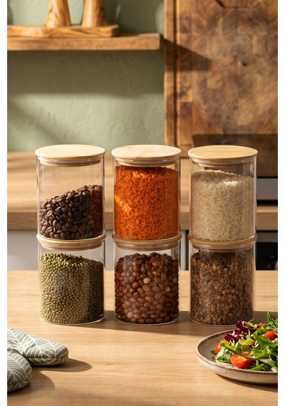 Porsima 1-3 Bambu Vakumlu Kapaklı Yuvarlak Borosilikat Cam 6lı Kavanoz Seti Saklama Kabı 750ml 10x12cm Cam - Şeffaf