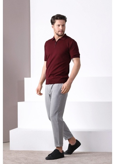 Ferraro Bordo Polo Yaka Fermuarlı Erkek Pamuk Triko T-Shirt-Bordo (417942847) Bordo