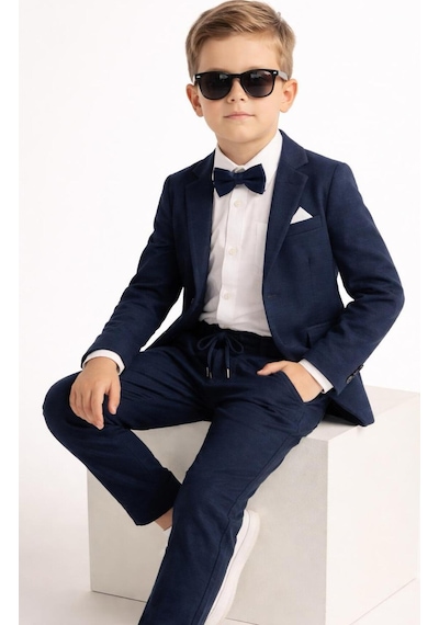 Baby Kids Colors Erkek Çocuk Flamlı Keten Salaş Ceketli Takım Elbise / Gömlek Pantolon Ceket Papyon Keten Takım Lacivert