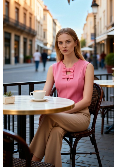 Benerly Kadın Bluz Crop Fiyonk Detaylı Kesik Yaka Kolsuz Dokuma Kumaş Düz Pembe