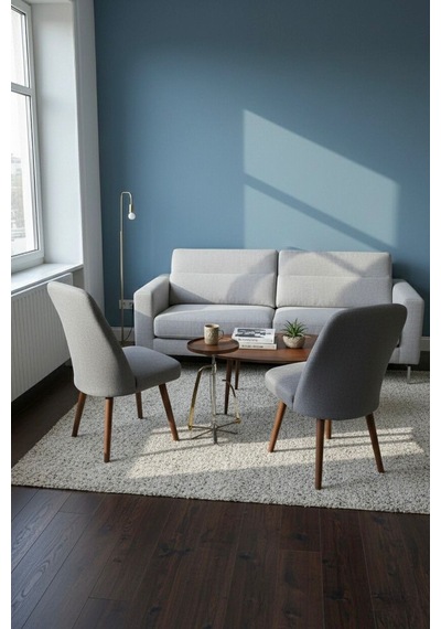 Nora 2 Adet Sandalye - Keten Kumaşlı Sandalye Modern Ahşap Ayaklı Yemek & Çalışma Sandalyesi Minimal Tasarım Gri