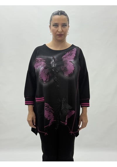 Büyük Beden Viskon Taşlı Cepli Kapri Kol Oversize Kadın Bluz Pembe