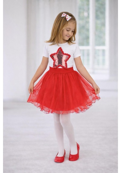 Dıgıl Kids Kız Çocuk Yıldız Desenli T-shirt Etek Takım Kırmızı10