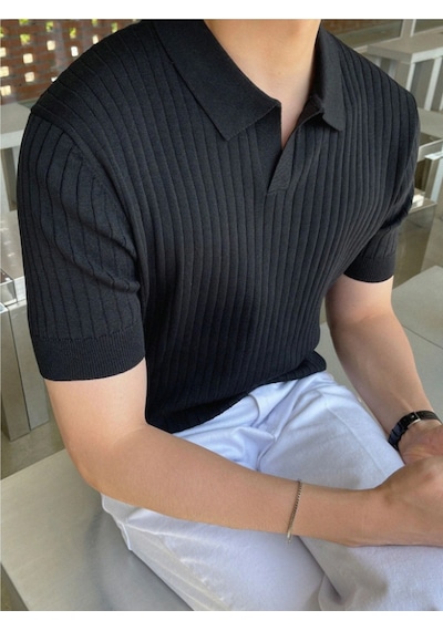 Erkek Fitilli Polo Yaka Triko T-shirt Siyah