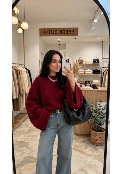 Marka Model Yarasa Kol Crop Kazak Kırmızı