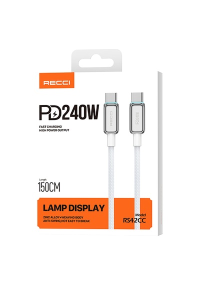 Recci Rs42cc Lamp Display Serisi Type-c To Type-c Pd 240w Hızlı Şarjlı Data Ve Şarj Kablo 1.5m Gümüş