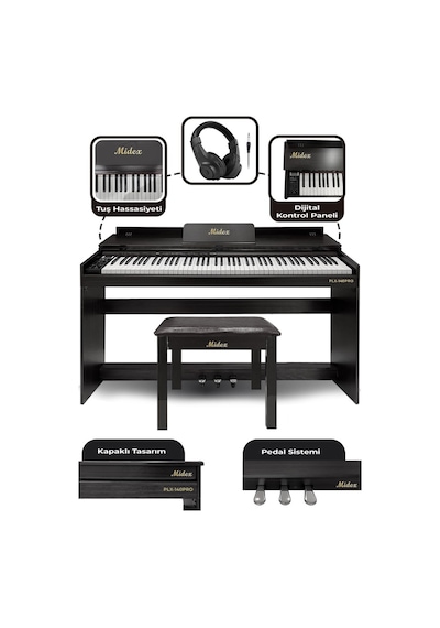 Midex Plx-140 Pro-bk Dijital Piyano Bluetooth Tuş Hassasiyeti 88 Tuşlu Kapaklı Kulaklık Ve Tabure Siyah