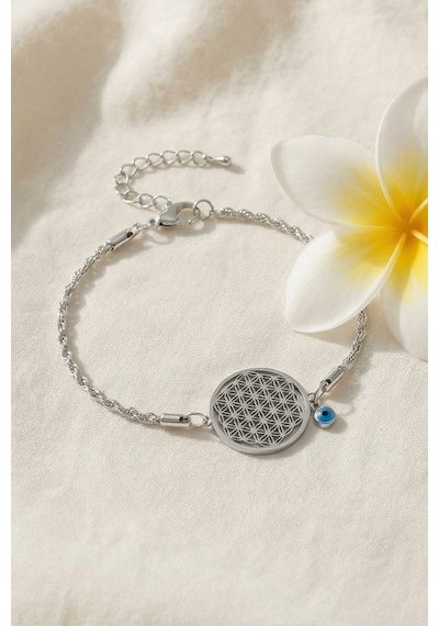 Valmont Accessories Yaşam Çiçeği Nazar Boncuklu 18+5 Cm Ayarlanabilir Gümüş Renk Kadın Çelik Bileklik