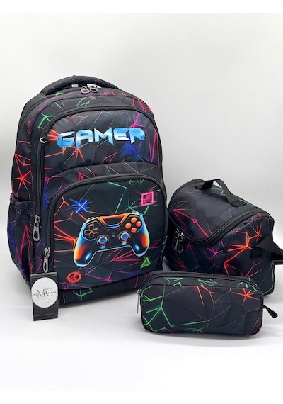 Erkek Çocuk İlk Okul Çantası 3'lü Set İlkokul Çantası Siyah Karakter Desenli Gamer Çok Renkli