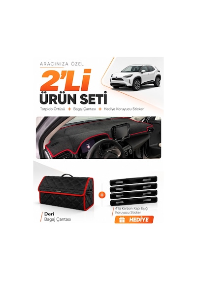 E-biz Toyota Yaris Cross 2022-2025 Uyumlu Torpido Örtüsü + Deri Çanta - Siyah-kırmızı - To029