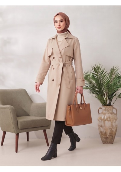 B.he.z Kruvaze Yaka Bondik Su İtici Kumaş Astarlı Trend Model Diz Altı Trençkot Taş