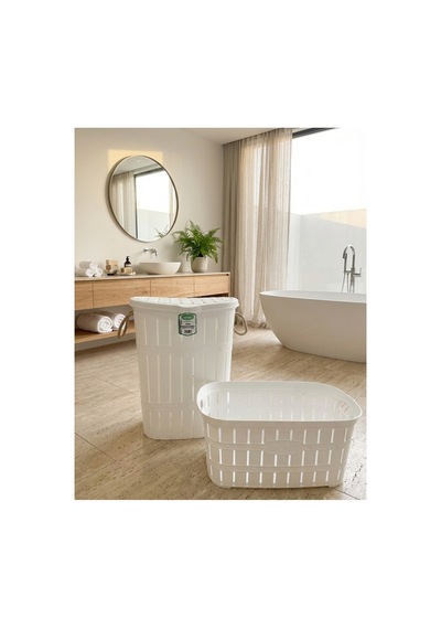 Bambu Halatlı 2'li Kirli Çamaşır Sepeti Seti 65 Lt Kapaklı Kirli Sepeti Ve 40 Lt Çamaşır Selesi Beyaz - 771618636 Beyaz