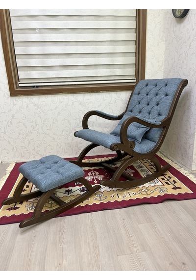 Asedia Rustik Ceviz Mavi Sallanan Sandalye Dinlenme Koltuğu