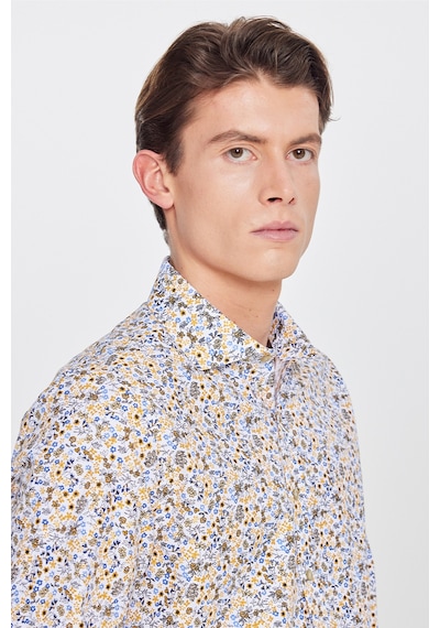 AC&Co / Altınyıldız Classics Erkek Beyaz Sarı Pamuklu Slim Fit Dar Kesim Büyük İtalyan Yaka Baskılı Gömlek Beyaz Sarı