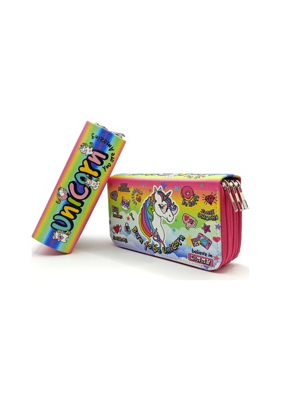 Kalem Kutusu Unicorn Pembe Cool Tarz Kawai Organizer Kalemkutu Üç Bölmeli Kalemlik Beyaz - Çok Renkli