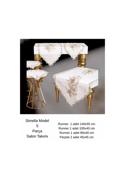 Salon Takımı 5 Parça Nakış İşlemeli Simella Model Krem-kapi Masa Örtüsü Runner Seti Çok Renkli