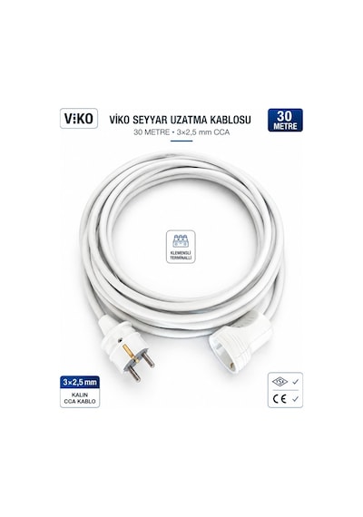 Viko Seyyar Uzatma Kablosu 30 Metre 3x2.5 Mm Cca Kablo Viko Erkek Dişi Fiş Klemensli Terminalli Topraklı Tse Ce Belgeli 30 M