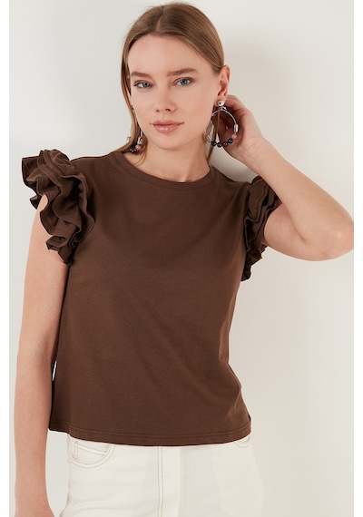 Lela Pamuklu Kolları Fırfırlı Slim Fit Bisiklet Yaka Bayan T Shirt 5864500 Kahve
