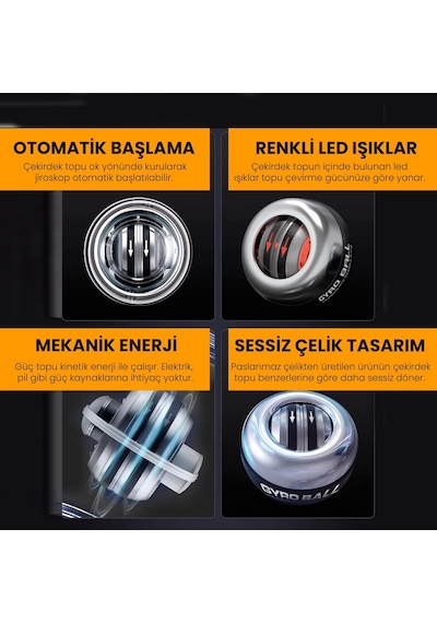 Upway Metal Gyro Ball El Bilek Egzersiz Topu Led Işıklı Kol Kuvvet Güç Topu Powerball