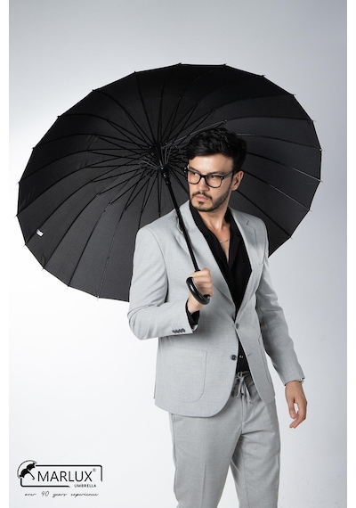 Marlux Siyah Baston 24 Fiber Tel Hakiki Deri Saplı Ultra Premium Protokol Şemsiye M21mar1024r001 60709598 Siyah