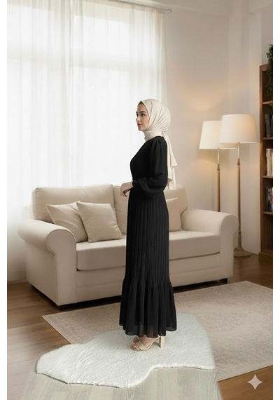 Çlm Store Piliseli Şifon Tesettür Elbise - Rahat Ve Şık - Boy 135 Cm Siyah Siyah