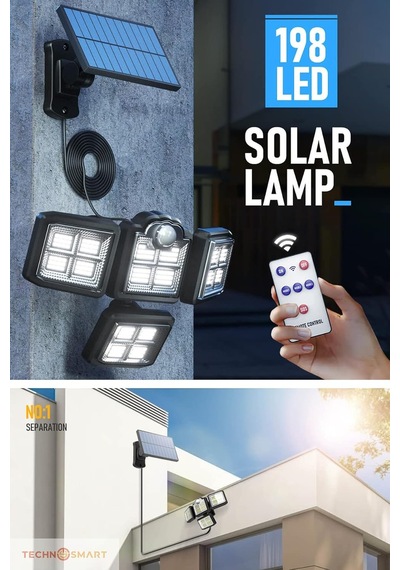 Technosmart Solar Güneş Enerjili 198 Ledli Kumandalı Hareket Sensörlü Bahçe Aydınlatma Sokak Lambası Çok Renkli
