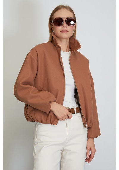 Fullamoda Fermuarlı Cepli Polo Yaka Kaşe Bomber Mont Taba