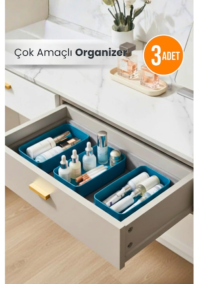 Orvila 3'lü Makyaj Düzenleyici Kutu Pratik Organizer Çok Amaçlı Organizer Kutu Turkuaz