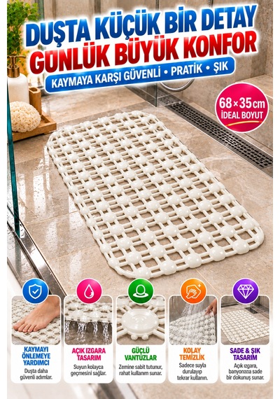 Crystal Kaymaz Vantuzlu Banyo Paspası Beyaz 68x35 Cm Islak Zemin Kaydırmaz Küvet Duşakabin Pvc Matı