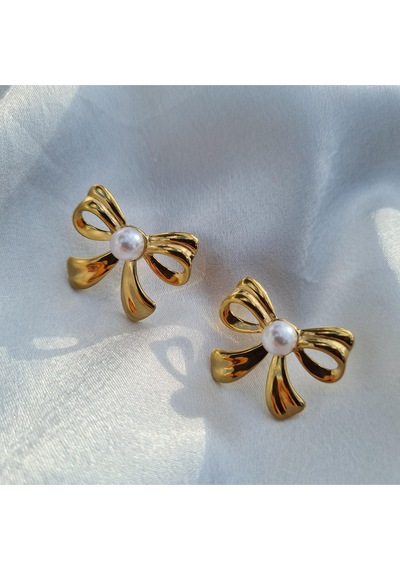 Luxe Pearl Bow Küpe Altın