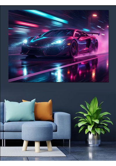 Gece Yarısı Neon Spor Araba Dekoratif Kanvas - Mdf Ahşap Tablo