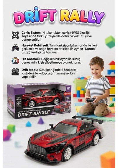 Uzaktan Kumandalı Işıklı 7 Fonksiyonlu 1:14 4 Çeker 10 Km/s Hızlı 4 Yedek Lastikli Oyuncak Drift Arabası Kırmızı