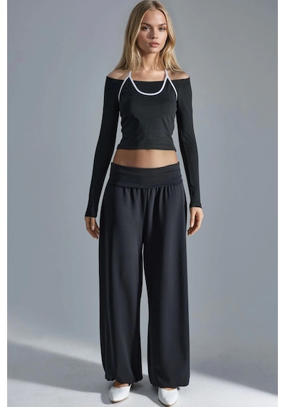 Hiccup Busem Orta Belli Geniş Paça Örme Jogger Pantolon Siyah