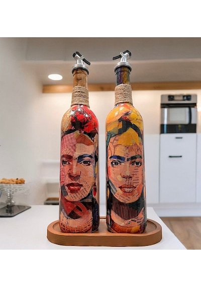 Renkli Kadın Desenli 750 Ml Zeytinyağı Sıvıyağ Şişesi Yağdanlık Yağlık Sirkelik Sosluk 2'li Set Çok Renkli