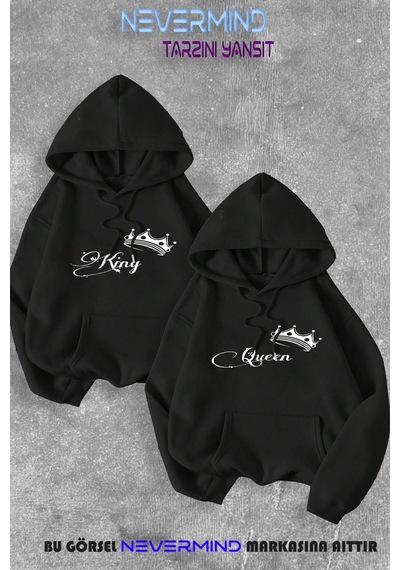 Nevermind Sevgili Çift Kombini Kinq Queen Özel Baskılı Kapüşonlu Sweatshirt Siyah