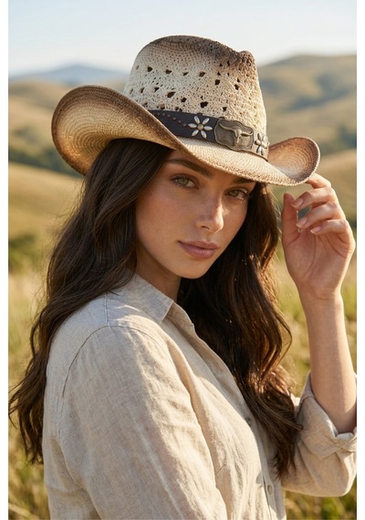 Gigi Luxe Vintage Bohem Kovboy Şapka Unisex Tasarım Hasır Bej Hasır Bej Hasır