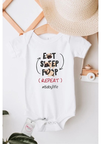 Hediyenza Eat Sleep Poop Özel Tasarım Bebek Zıbın Pamuklu Çıtçıtlı Body Beyaz