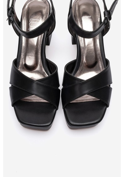 Luvishoes Lisbon Siyah Cilt Çapraz Bantlı Kadın Platform Topuklu Ayakkabı