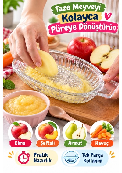 Cam Rende Bebek Meyve Püresi Rendesi Cam Elma Sebze Rendesi Manuel Pratik Mutfak Rendesi 20 Cm Tekli Şeffaf