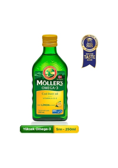 Möller's Omega 3 Doğal Limon Aromalı 250 Ml Saf Morina Balığı Yağı, Ifos Onaylı, Dha, Epa, A D E Vitamini. Çocuklar Ve Yetişkinler İçin Doğal Omega-3
