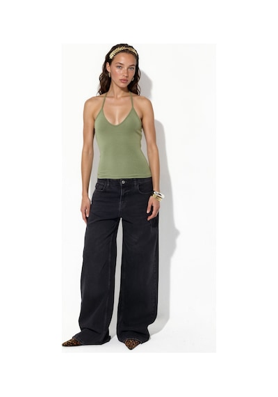 Hiccup Busem Slim Fit Halter Yaka Jarse Bluz Haki Yeşil