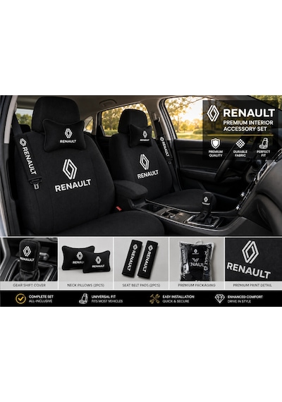 Renault Süper Set Dörtlü Servis Kılıfı + İkili Yastık Ve Kemer Kılıfı +vites Poları