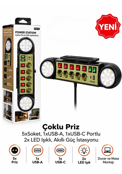 5'li Akım Korumalı Priz 1 Usb 1 Type-c 2 Led Işıklı 2m Kablolu Anahtarlı Güç İstasyonu 0 - 2 M