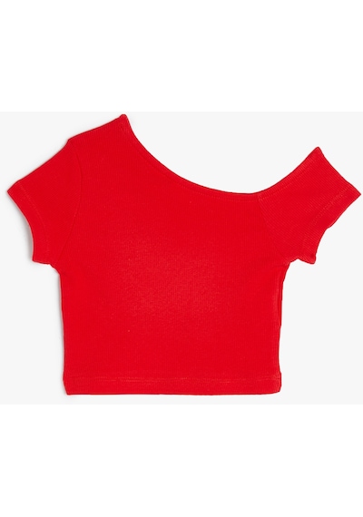 Koton Crop Tişört Asimetrik Yaka Kısa Kollu Pamuklu Kırmızı 4skg10107ak Kırmızı
