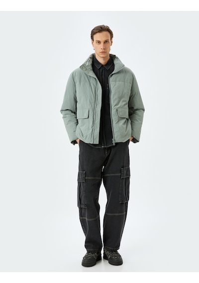 Koton Dik Yaka Fermuarlı Slim Fit Şişme Mevsimlik Ceket Gri 5wam20041hw Gri