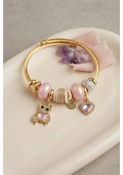 Pembe Renk Teddy Bear Model Gold Charmlı Bileklik 6446404