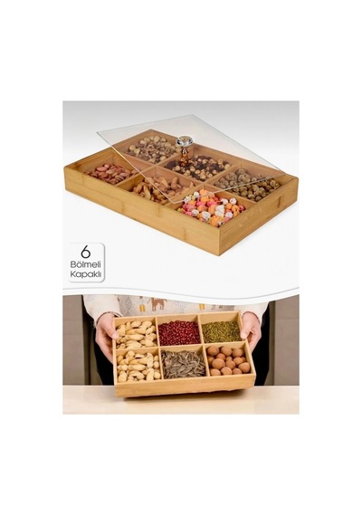 6 Bölmeli Ahşap Organizer,çerezlik,lokumluk,kahvaltılık,çay Poşeti,takı Kutusu,30x20 Cm,kulplu Kutu Bej