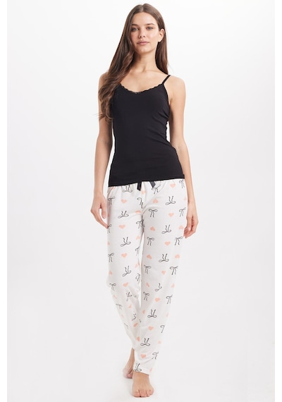 Tudors Kadın Regular Fit Klasik Kesim Viskon Beli Lastikli Fiyonk Detaylı Baskılı Beyaz Pijama Altı-51007