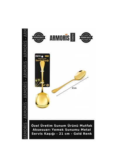 Özel Üretim Sunum Ürünü Mutfak Aksesuarı Yemek Sunumu Metal Servis Kaşığı - 21 Cm - Gold Renk